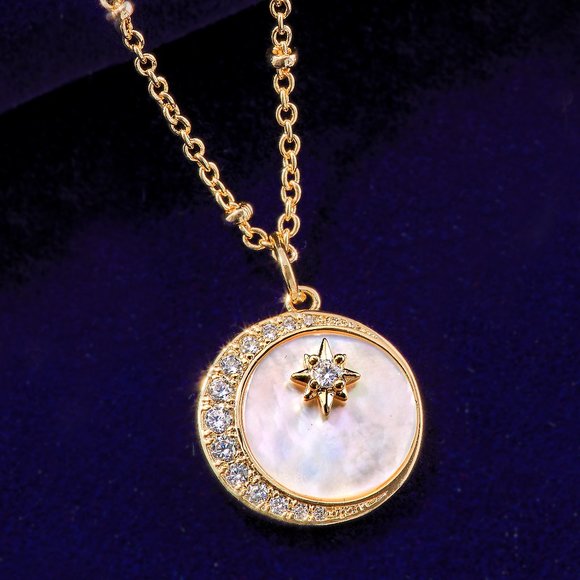 Champagne Gold Necklace with Mother Of Pearl, Round Crescent Moon and st… - Picture 1 of 5